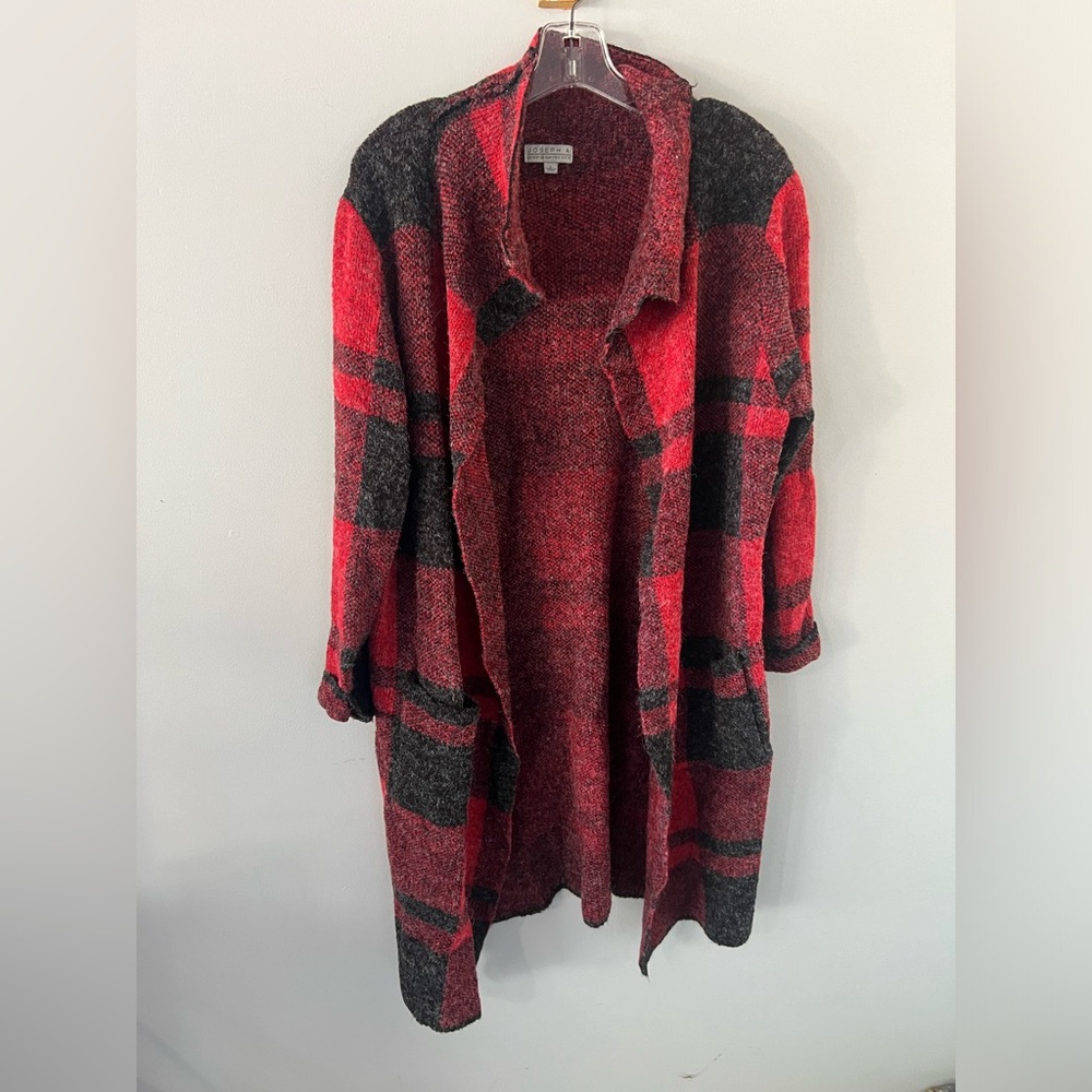 Vintage Joseph A Red and Black Plaid Draped Collar Long Cardigan with Pockets L